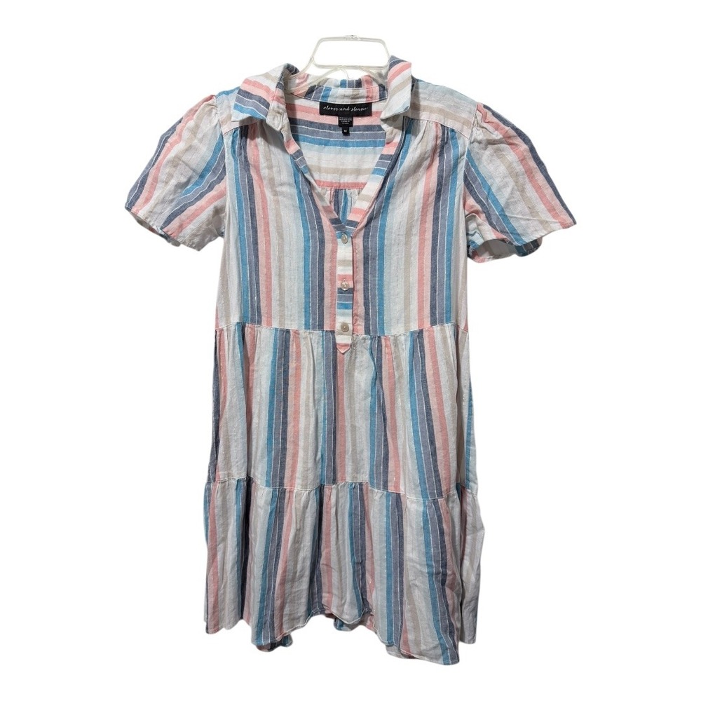 Coastal Clover and Sloane Mini Dress Relaxed Med Blue Pink Striped Linen Blend